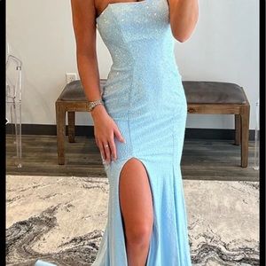 light blue strapless prom dress